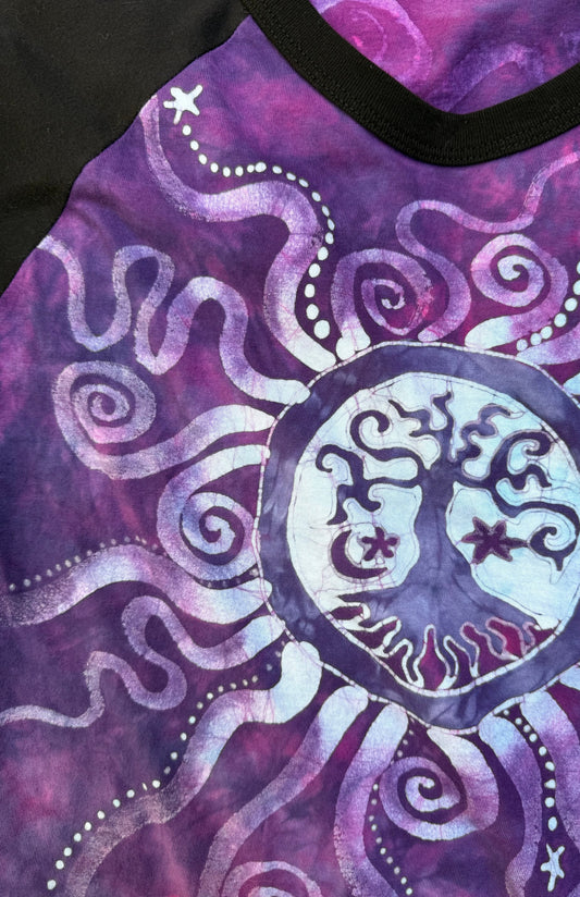 Purple Mandala Tree of Life Black Raglan Quarter Sleeve Batik Top - Size Medium (Unisex) Batikwalla Medium 
