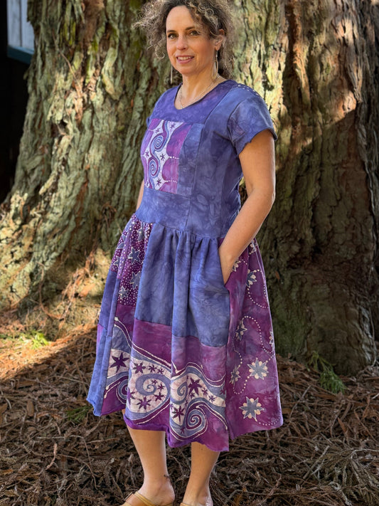 Purple Sunrise and Stars Batik Patchwork Dress Batikwalla by Victoria Medium 