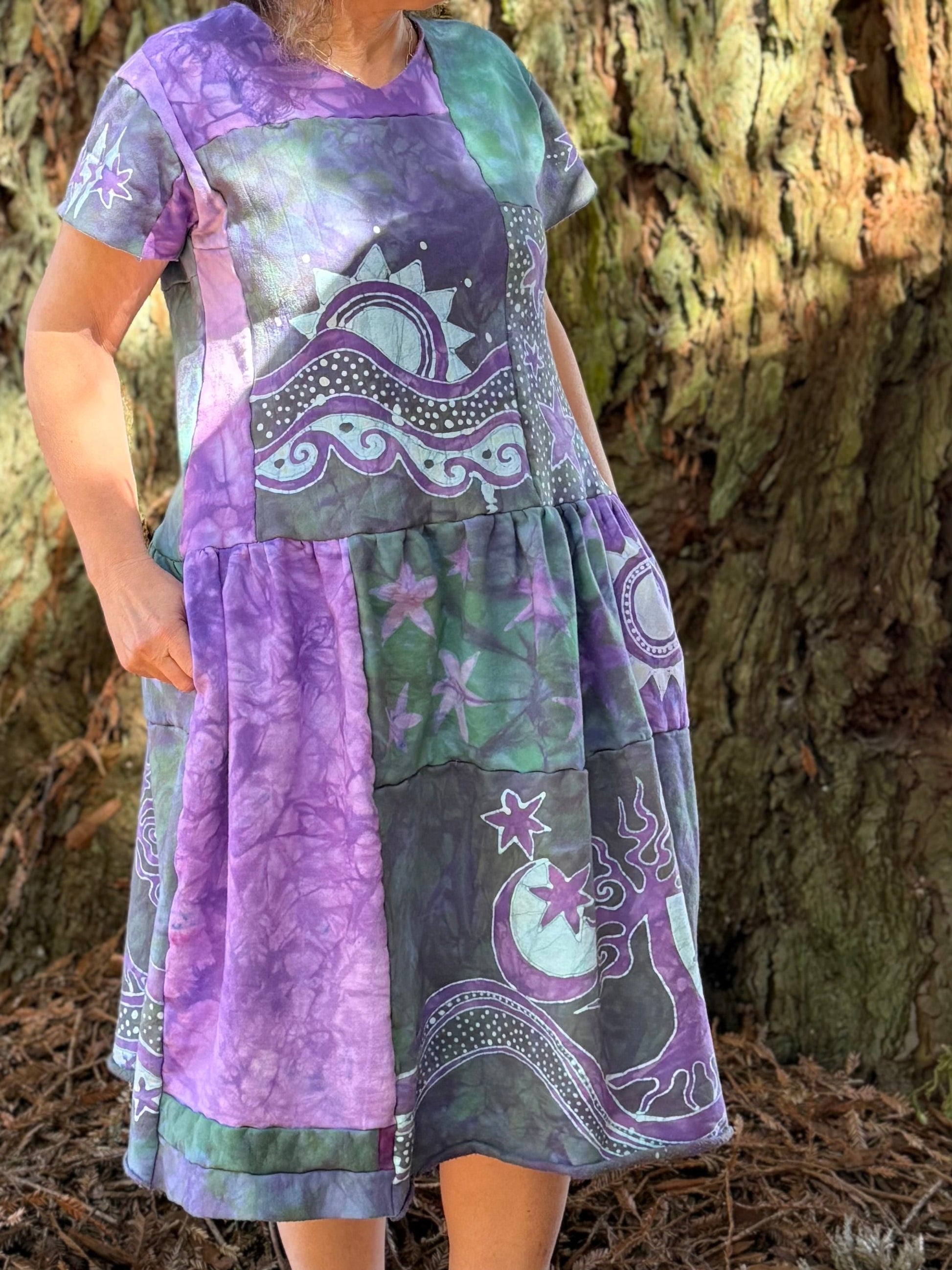 Sunshine & Rain River with Trees Batik Patchwork Dress - Light Teal and Purple Batikwalla by Victoria 