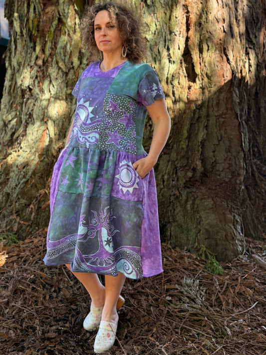 Sunshine & Rain River with Trees Batik Patchwork Dress - Light Teal and Purple Batikwalla by Victoria Large 