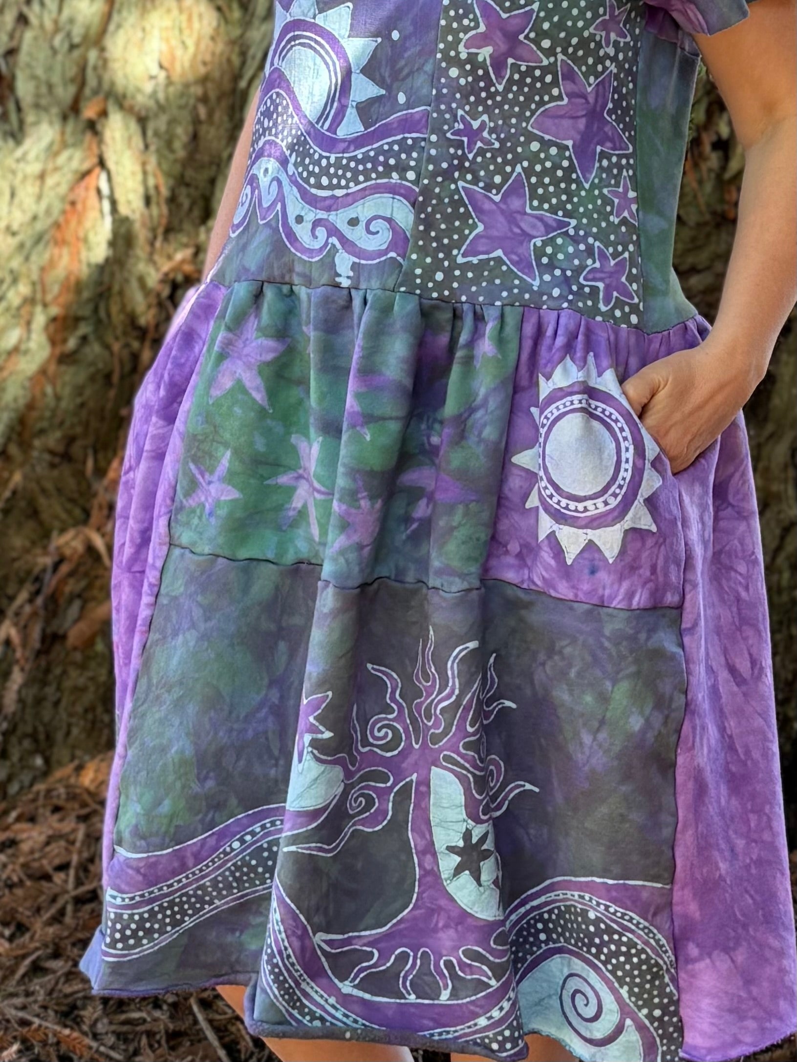 Sunshine & Rain River with Trees Batik Patchwork Dress - Light Teal and Purple Batikwalla by Victoria 