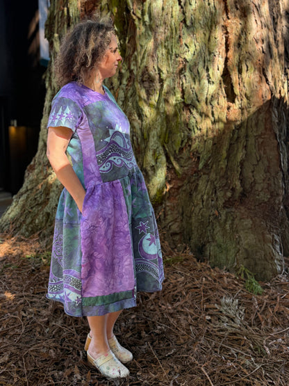 Sunshine & Rain River with Trees Batik Patchwork Dress - Light Teal and Purple Batikwalla by Victoria 