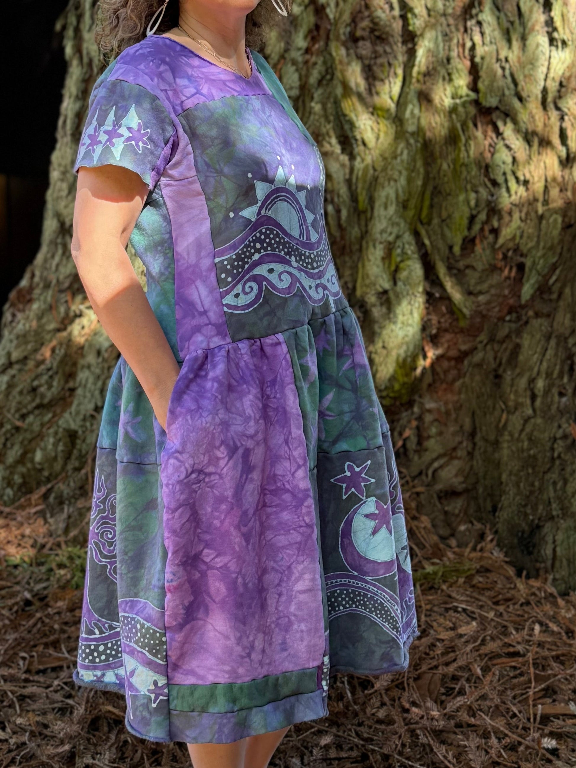 Sunshine & Rain River with Trees Batik Patchwork Dress - Light Teal and Purple Batikwalla by Victoria 