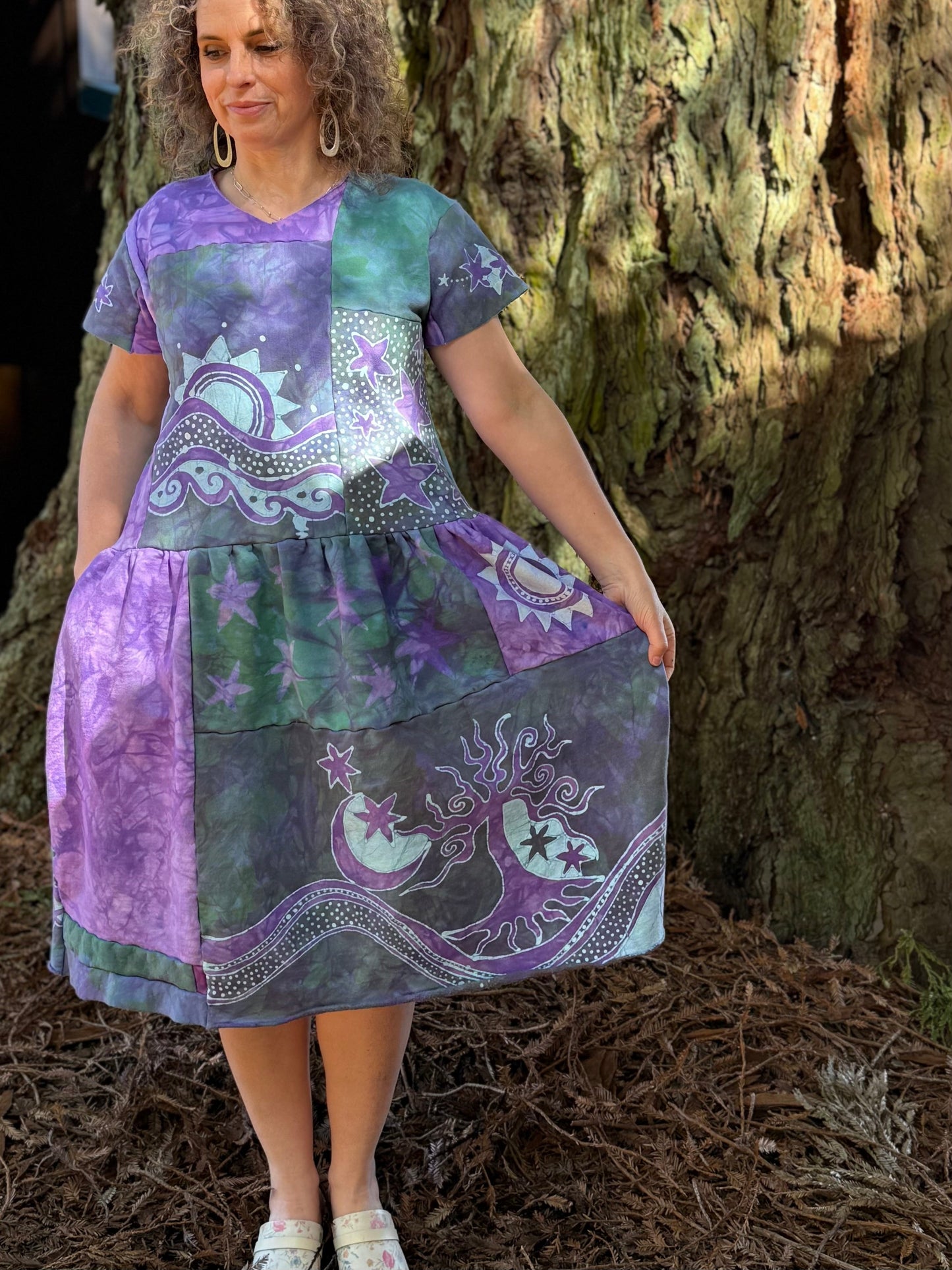 Sunshine & Rain River with Trees Batik Patchwork Dress - Light Teal and Purple Batikwalla by Victoria 