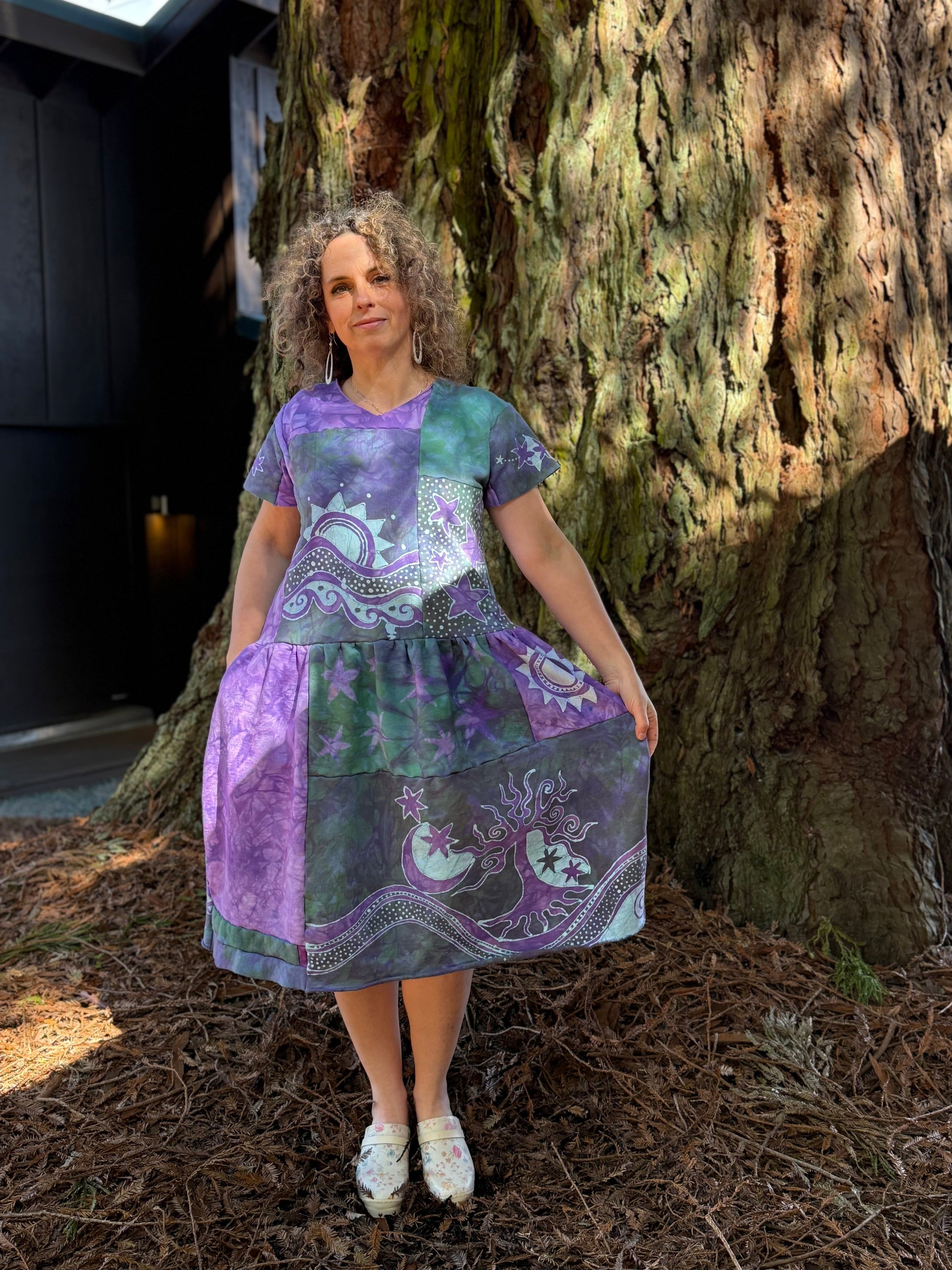 Sunshine & Rain River with Trees Batik Patchwork Dress - Light Teal and Purple Batikwalla by Victoria 