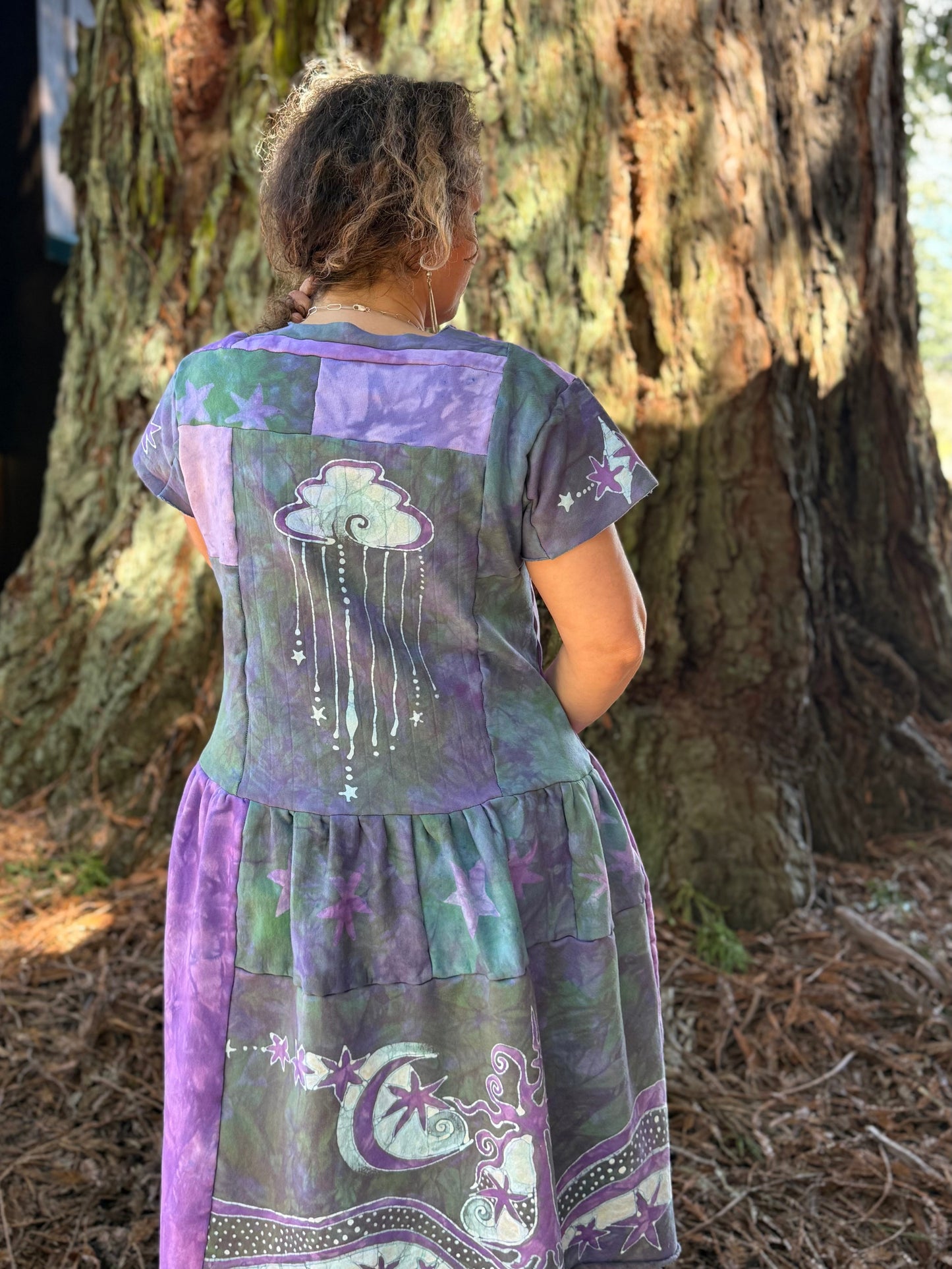 Sunshine & Rain River with Trees Batik Patchwork Dress - Light Teal and Purple Batikwalla by Victoria 
