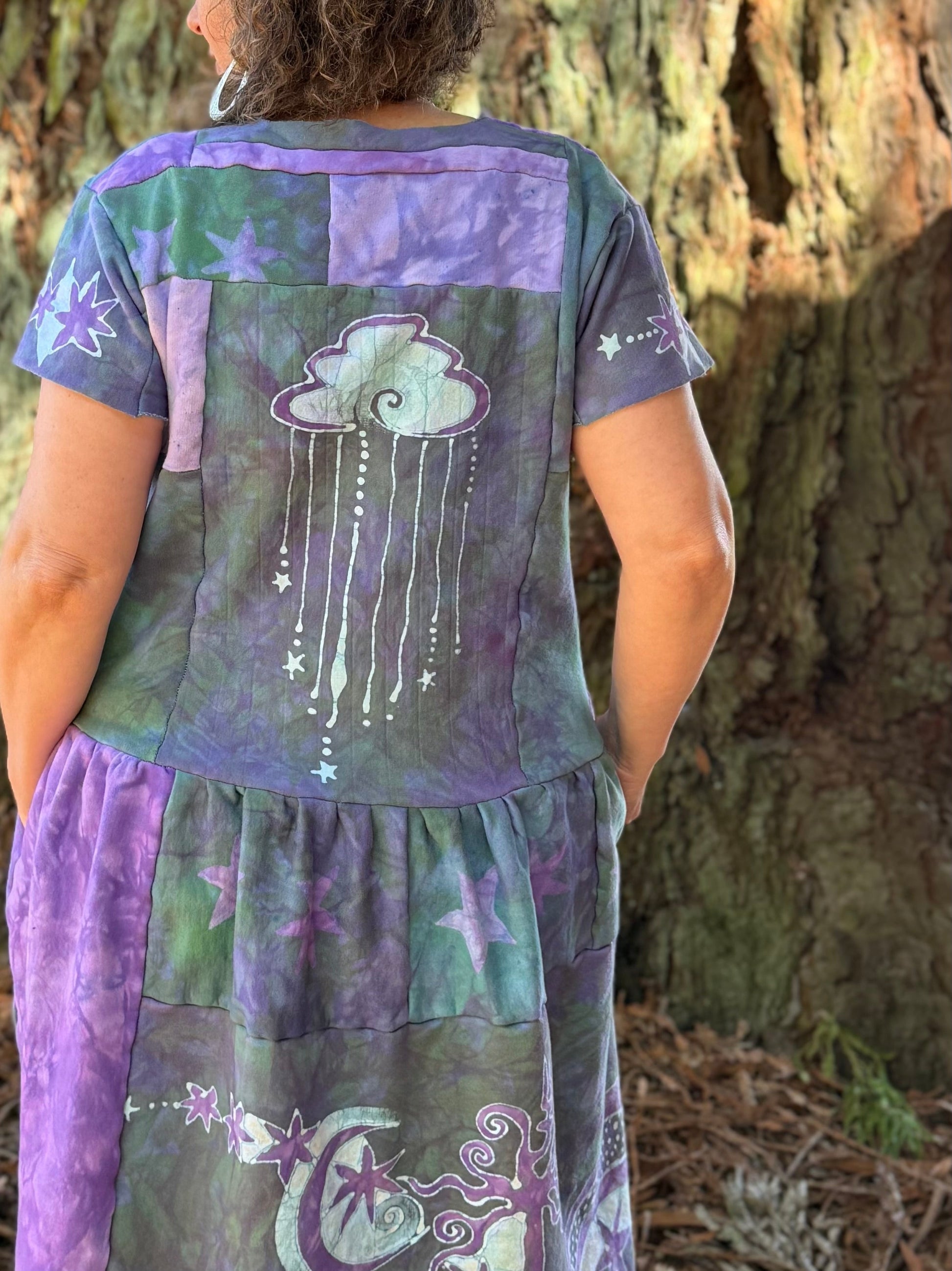Sunshine & Rain River with Trees Batik Patchwork Dress - Light Teal and Purple Batikwalla by Victoria 