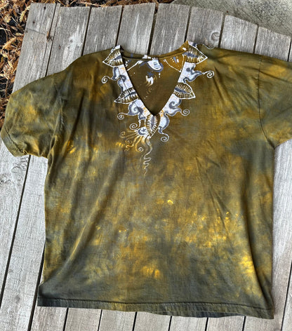 Golden Leaves & Moonlight – Handmade Batik V-Neck T-Shirt in Ochre Steel (2X Only) Batikwalla by Victoria 