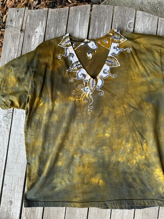 Golden Leaves & Moonlight – Handmade Batik V-Neck T-Shirt in Ochre Steel (2X Only) Batikwalla by Victoria 2X 