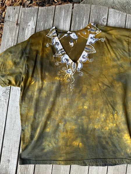 Golden Leaves & Moonlight – Handmade Batik V-Neck T-Shirt in Ochre