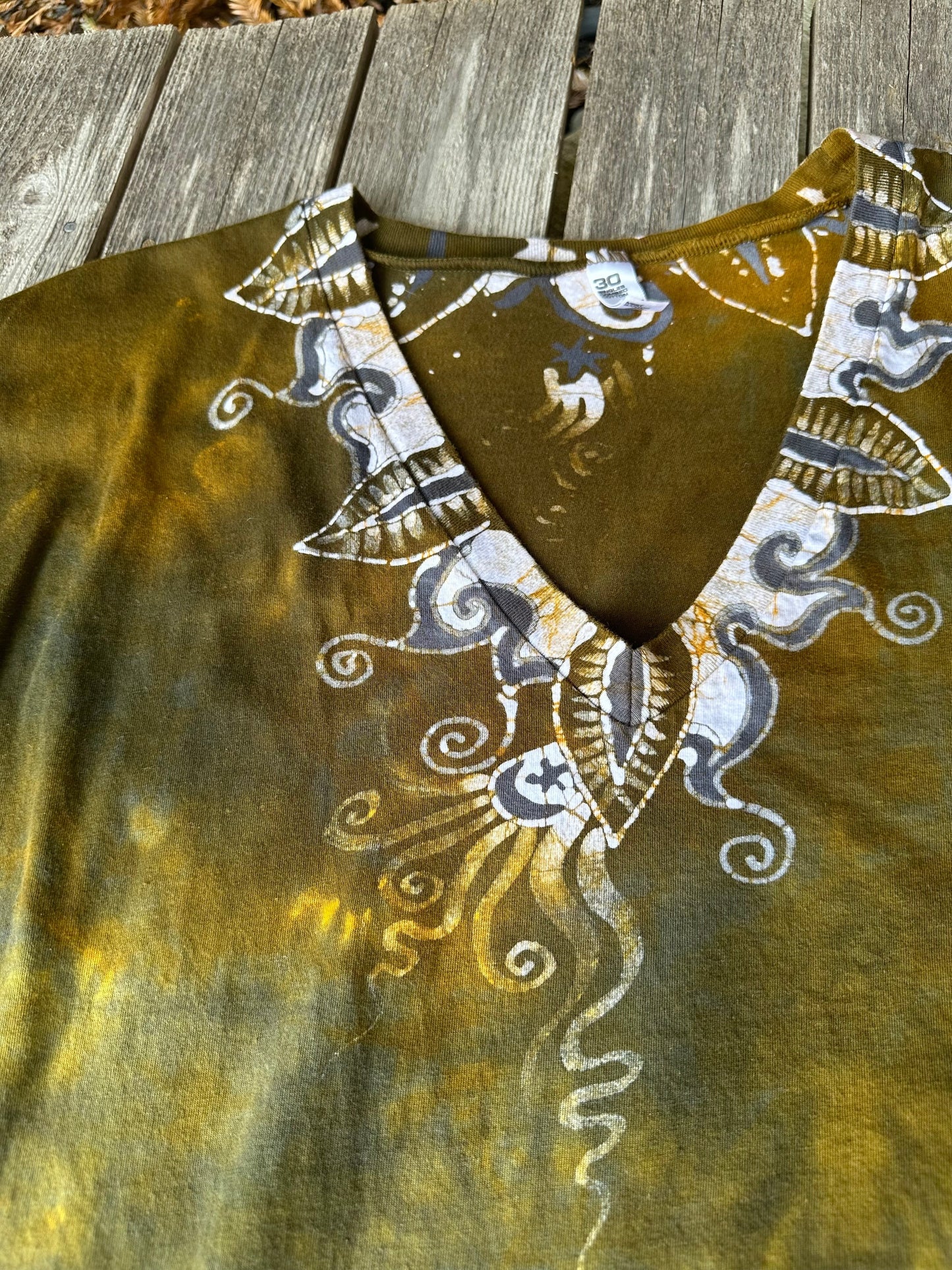Golden Leaves & Moonlight – Handmade Batik V-Neck T-Shirt in Ochre Steel (2X Only) Batikwalla by Victoria 
