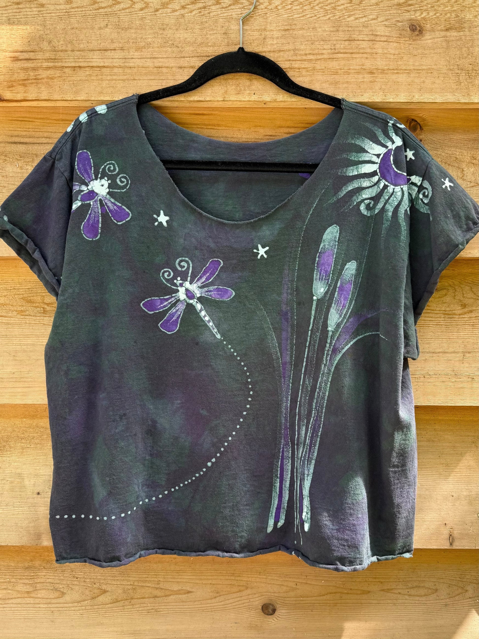 Dragonfly in Teal and Purple Cotton Cropped Crew Tee - Size Medium Shirts & Tops Batikwalla by Victoria Small 