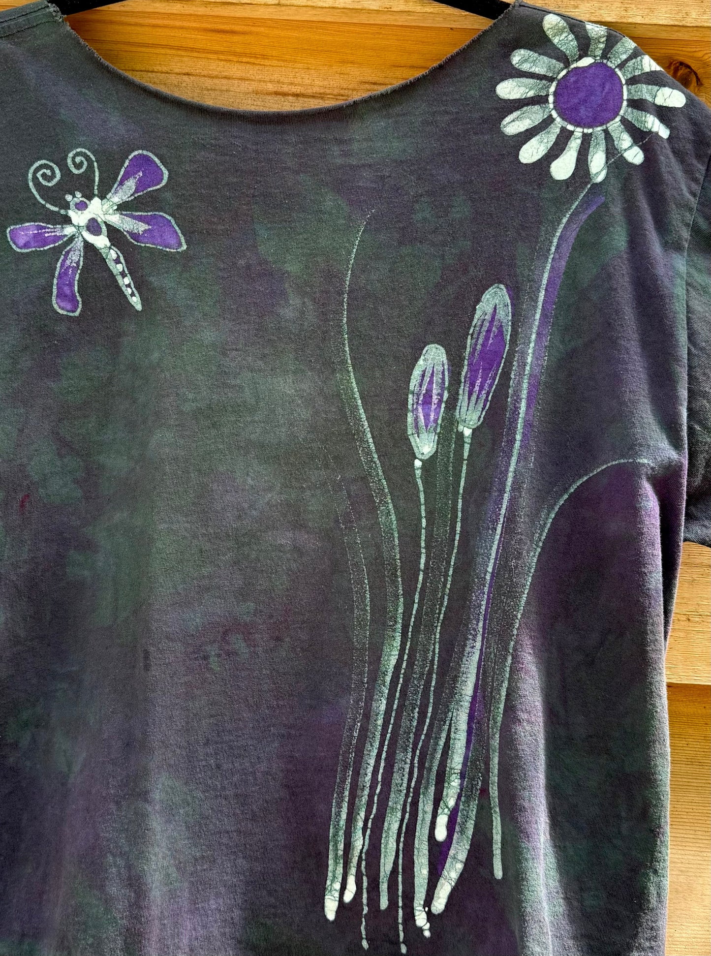 Dragonfly in Teal and Purple Cotton Cropped Crew Tee - Size Medium Shirts & Tops Batikwalla by Victoria 