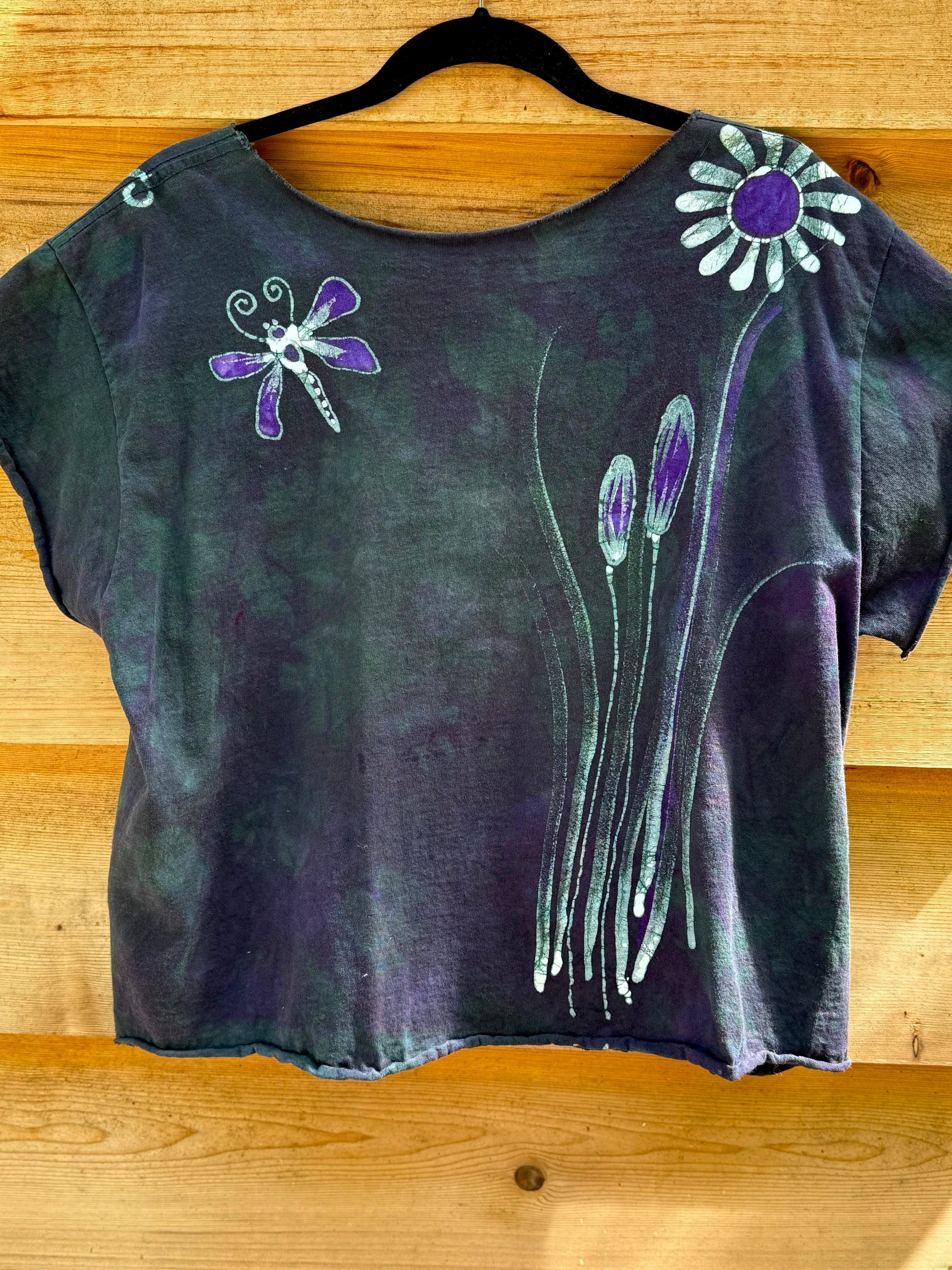 Dragonfly in Teal and Purple Cotton Cropped Crew Tee - Size Medium Shirts & Tops Batikwalla by Victoria 