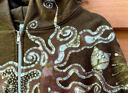 Green Owl Sitting in the Tree of Life – Handcrafted Batik Zipper Hoodie - Size 2X hoodie batikwalla 