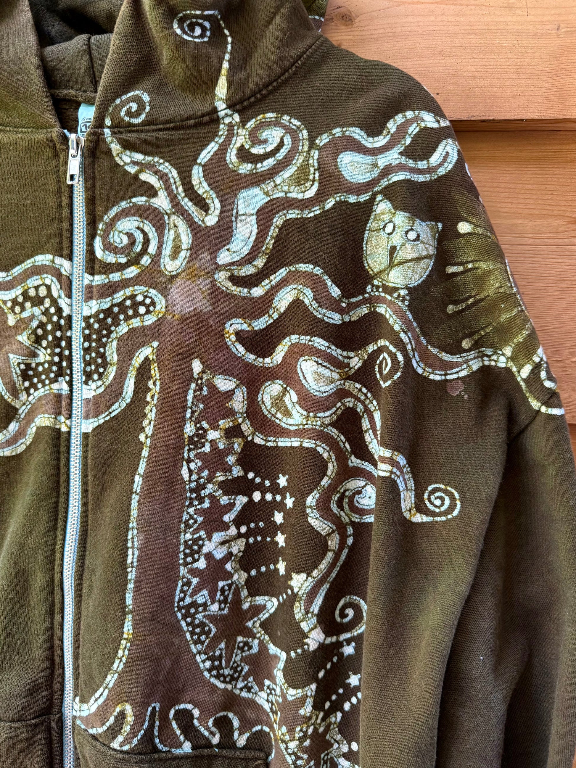 Green Owl Sitting in the Tree of Life – Handcrafted Batik Zipper Hoodie - Size 2X hoodie batikwalla 