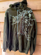 Green Owl Sitting in the Tree of Life – Handcrafted Batik Zipper Hoodie - Size 2X hoodie batikwalla 2X 