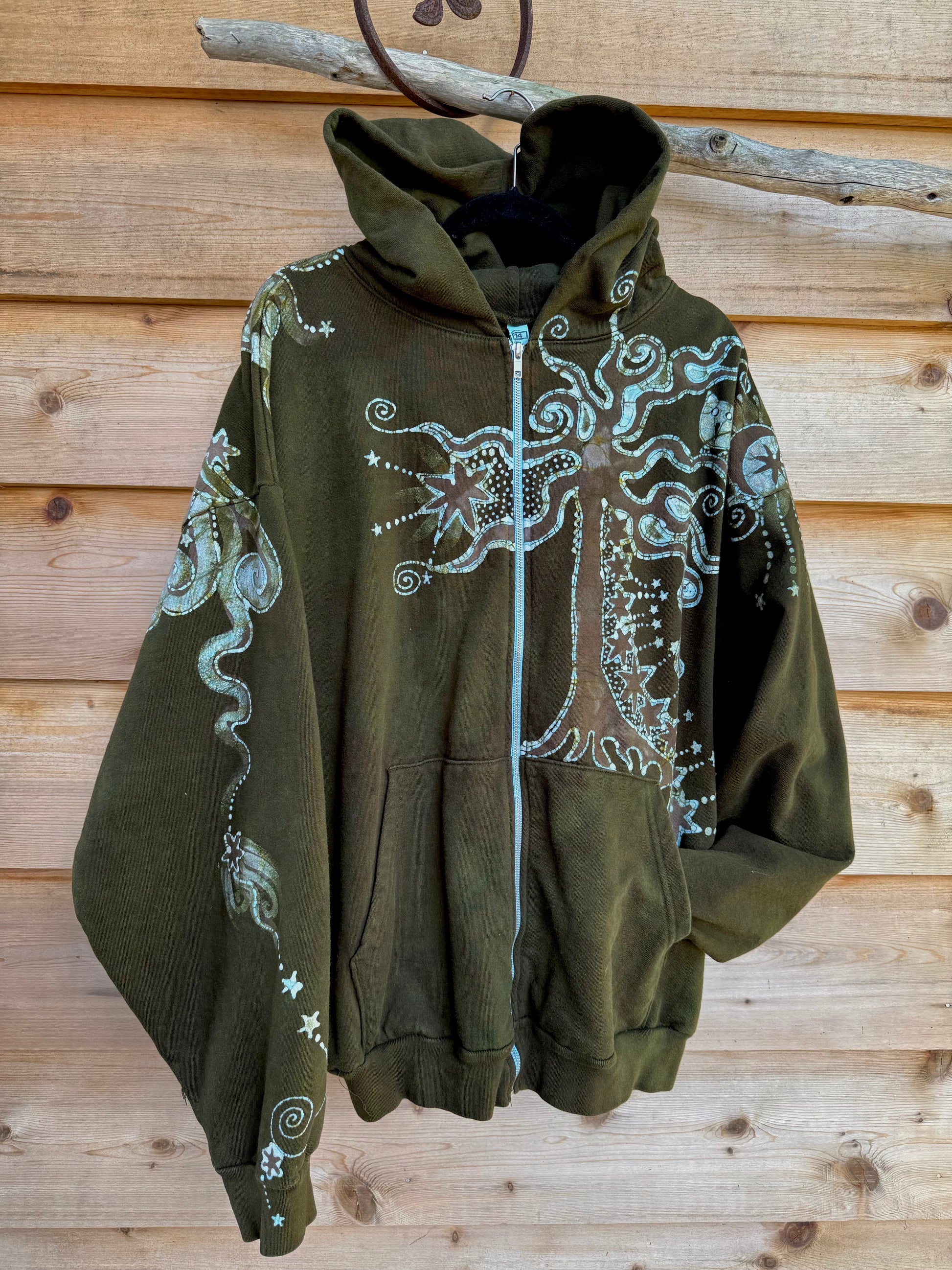 Green Owl Sitting in the Tree of Life – Handcrafted Batik Zipper Hoodie - Size 2X hoodie batikwalla 
