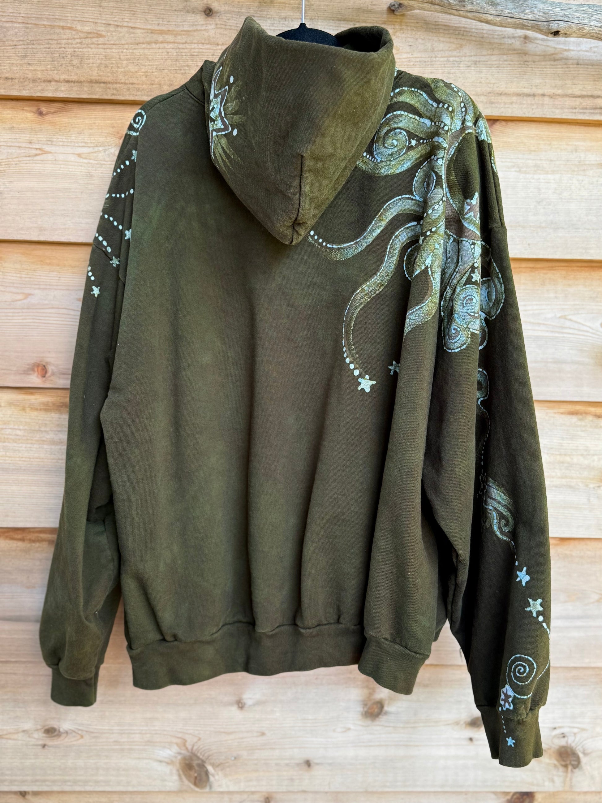 Green Owl Sitting in the Tree of Life – Handcrafted Batik Zipper Hoodie - Size 2X hoodie batikwalla 