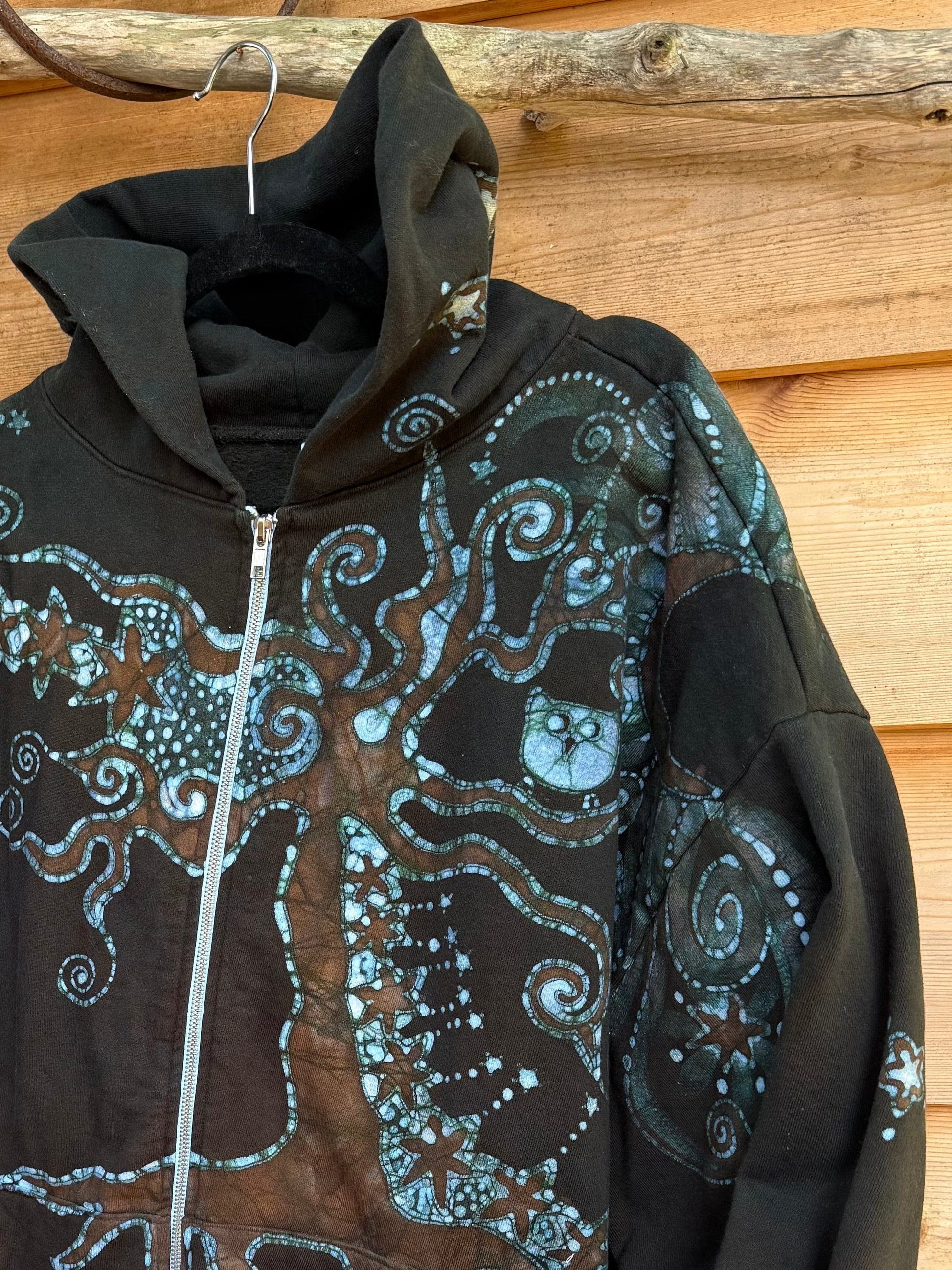 Forest Owl Tree of Life – Handcrafted Batik Zipper Hoodie - Size 2X hoodie batikwalla 