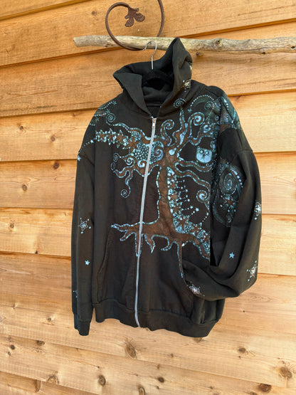 Forest Owl Tree of Life – Handcrafted Batik Zipper Hoodie - Size 2X hoodie batikwalla 