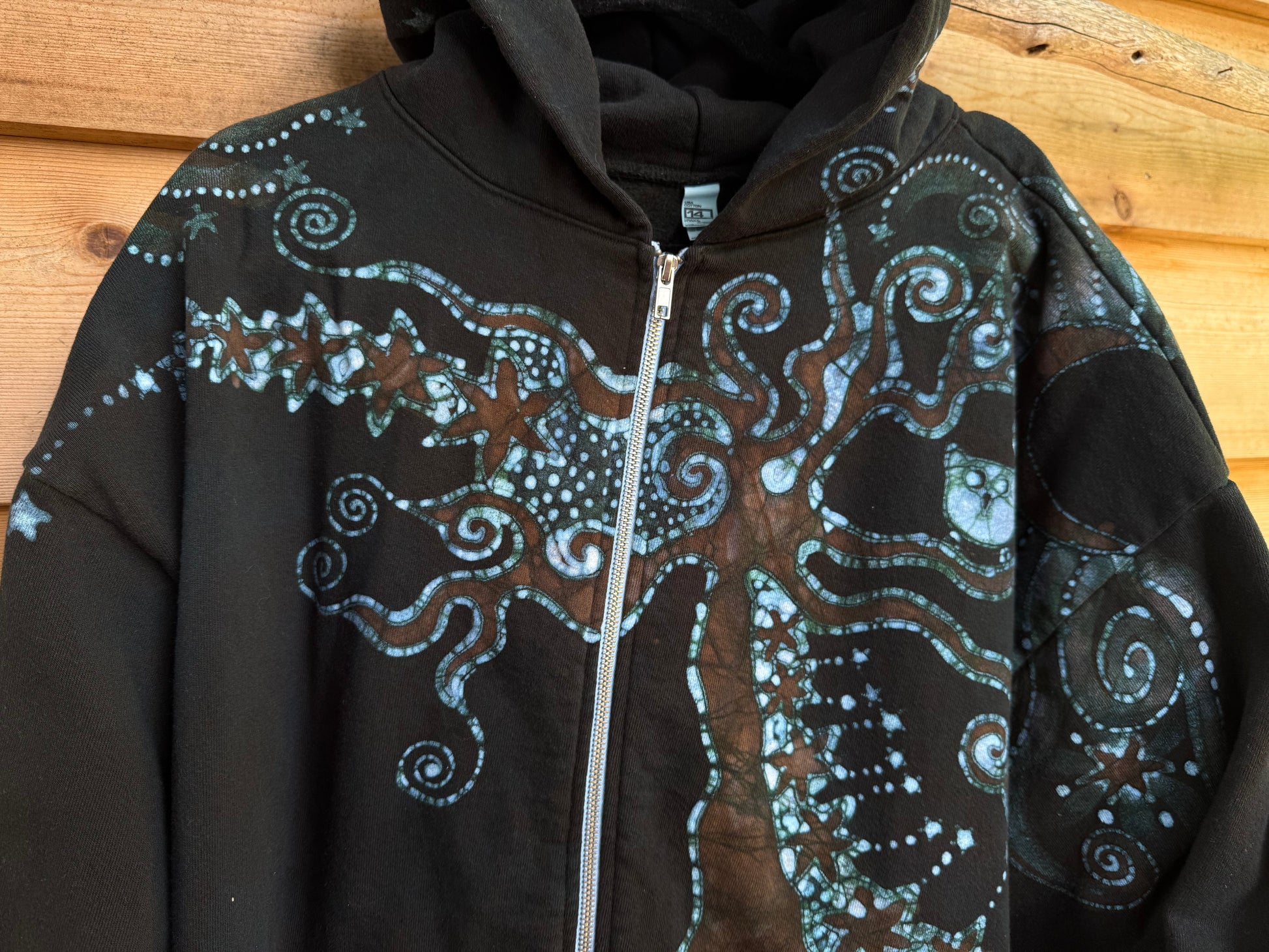 Forest Owl Tree of Life – Handcrafted Batik Zipper Hoodie - Size 2X hoodie batikwalla 