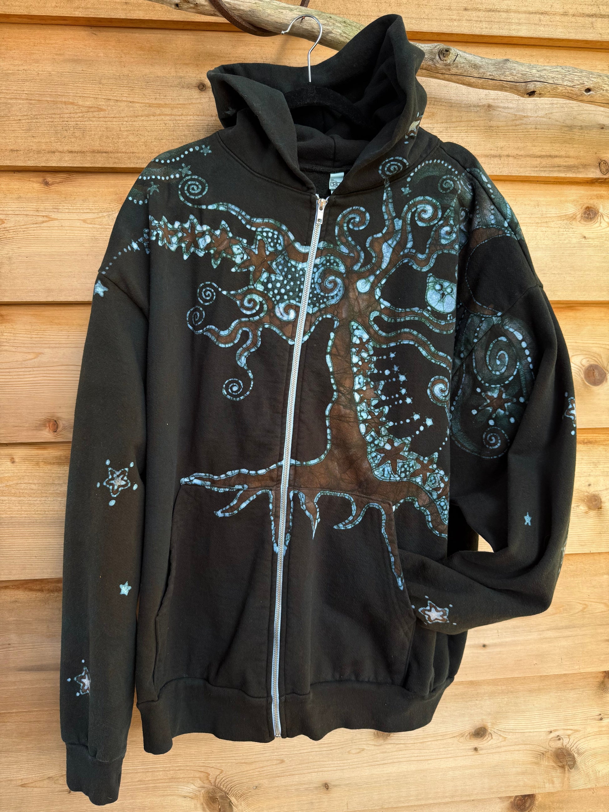 Forest Owl Tree of Life – Handcrafted Batik Zipper Hoodie - Size 2X hoodie batikwalla 2X 