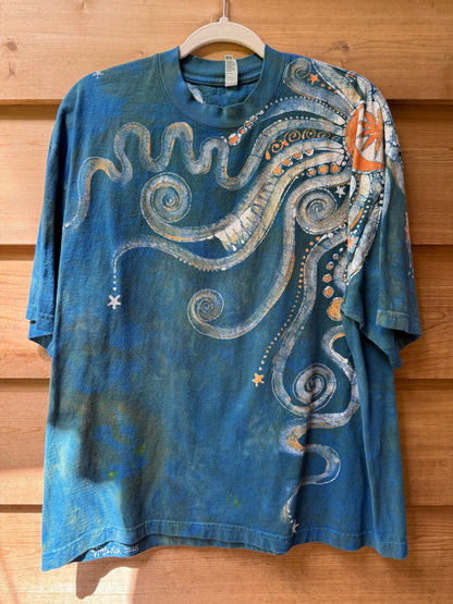 Coral Orange and Teal Original Batik Tshirt - Size Large Tshirts batikwalla 