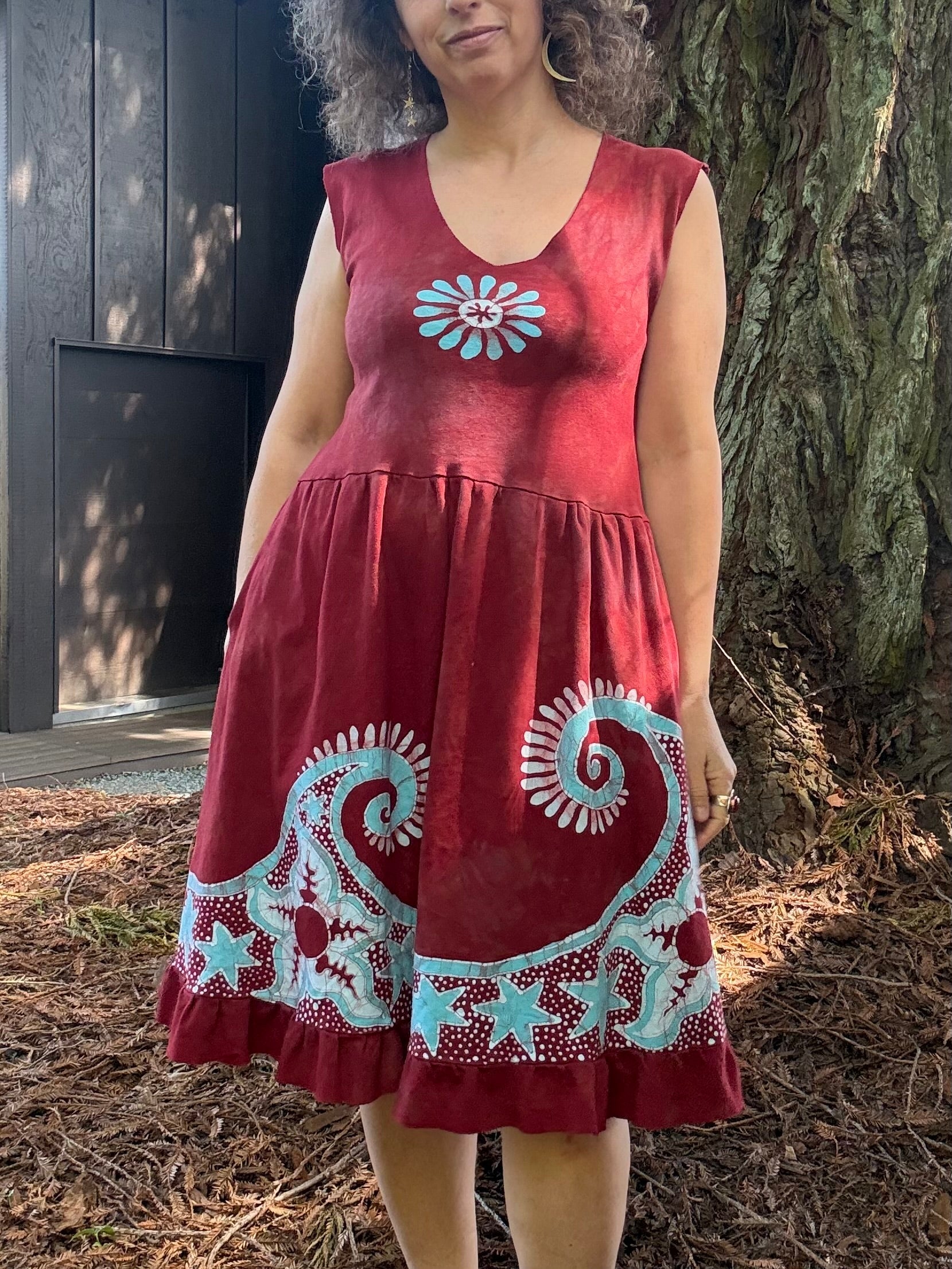 Starfish Sun and Waves in Red and Turquoise - Handmade Batik Dress Batik Dresses Batikwalla 