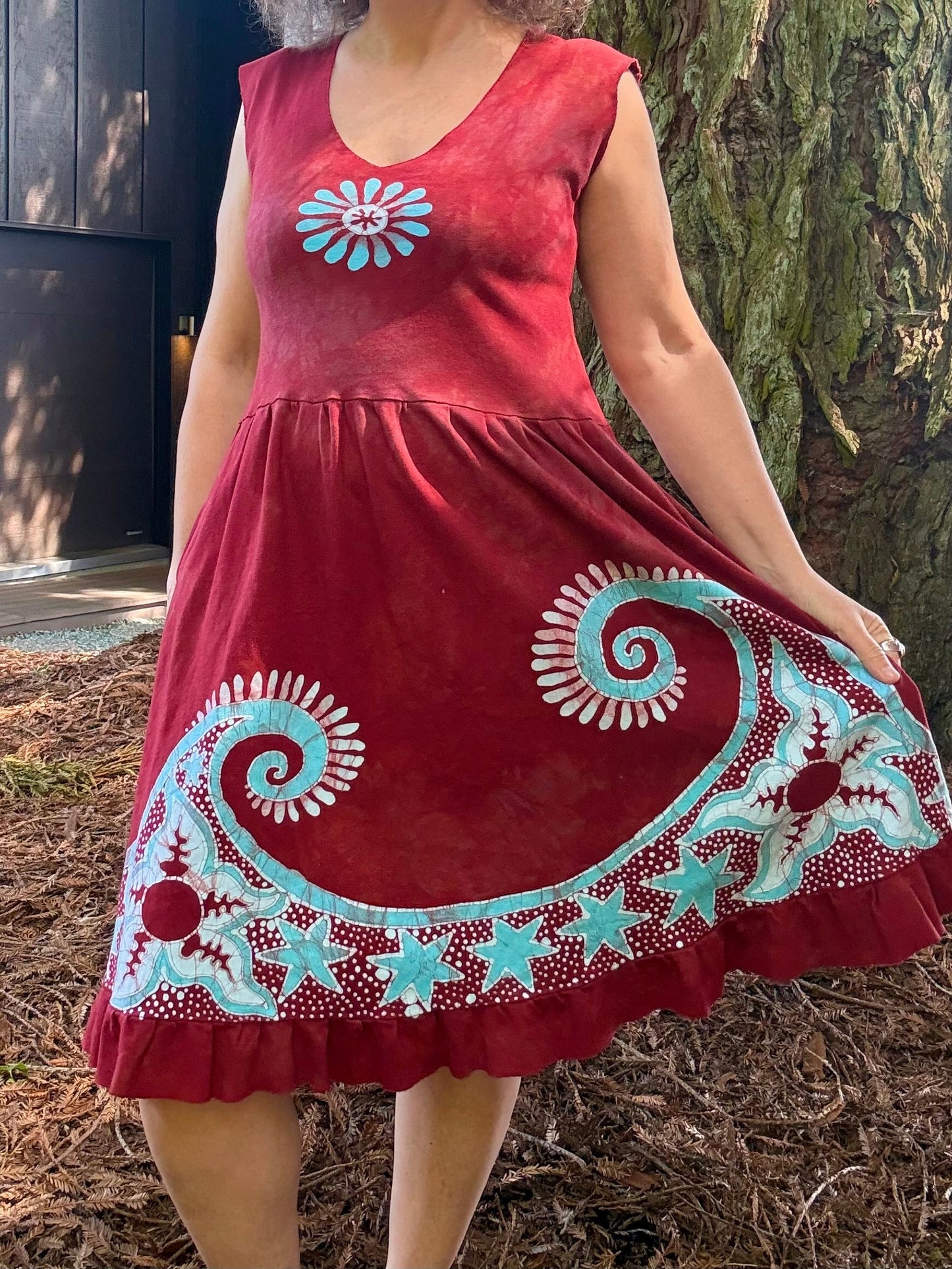 Starfish Sun and Waves in Red and Turquoise - Handmade Batik Dress Batik Dresses Batikwalla Medium 