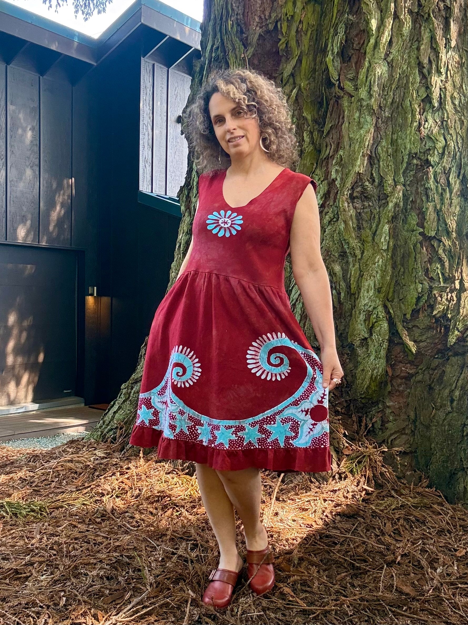 Starfish Sun and Waves in Red and Turquoise - Handmade Batik Dress Batik Dresses Batikwalla 