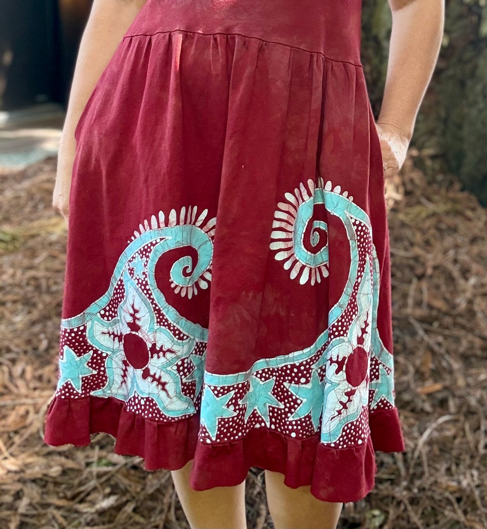 Starfish Sun and Waves in Red and Turquoise - Handmade Batik Dress Batik Dresses Batikwalla 
