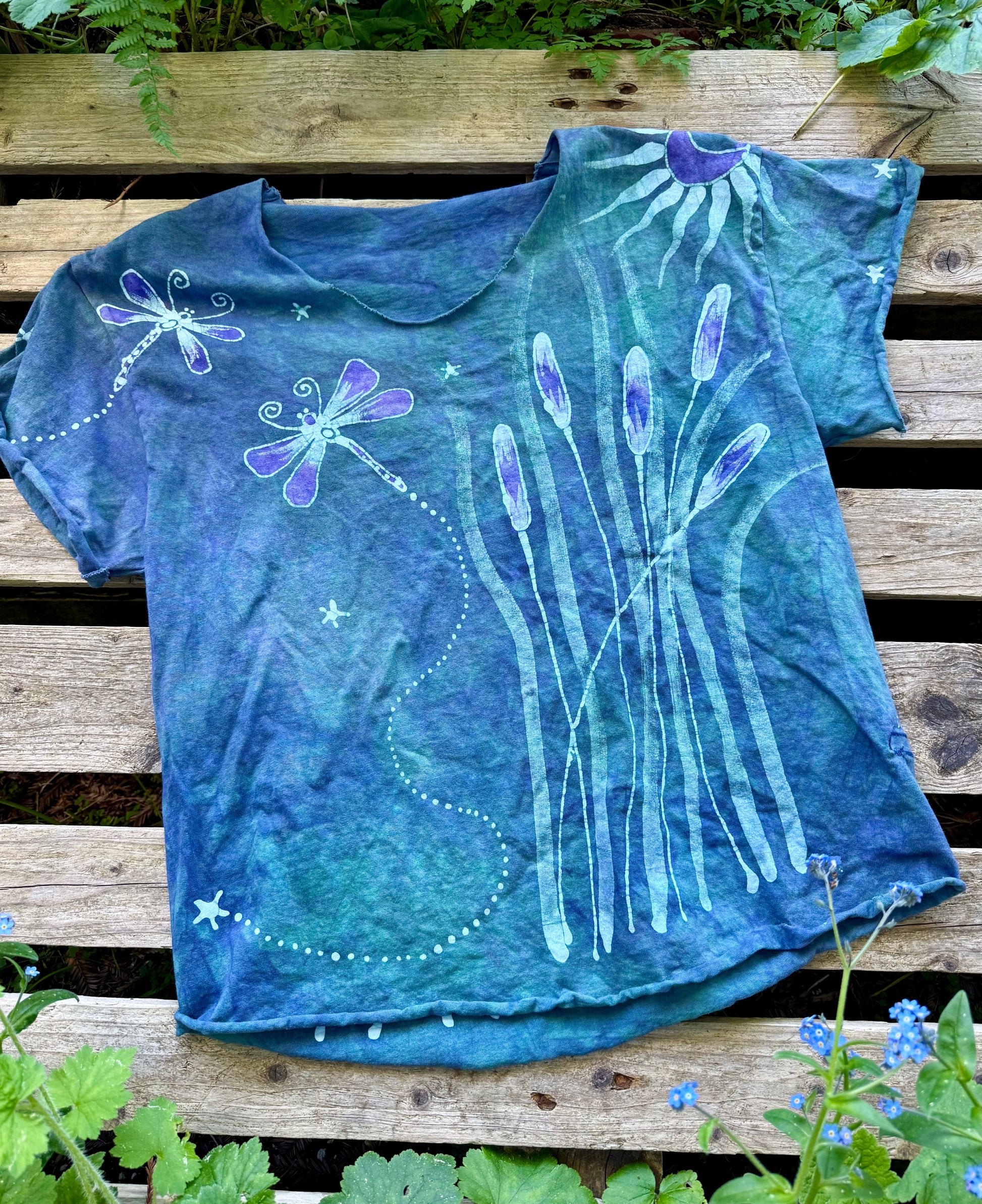 Dragonfly in Teal and Purple Cotton Cropped Crew Tee Shirts & Tops Batikwalla by Victoria Medium 