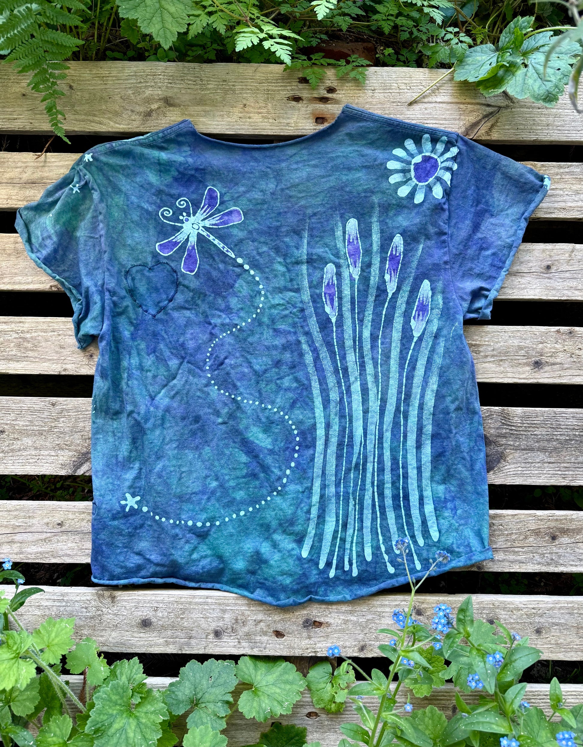 Dragonfly in Teal and Purple Cotton Cropped Crew Tee Shirts & Tops Batikwalla by Victoria 