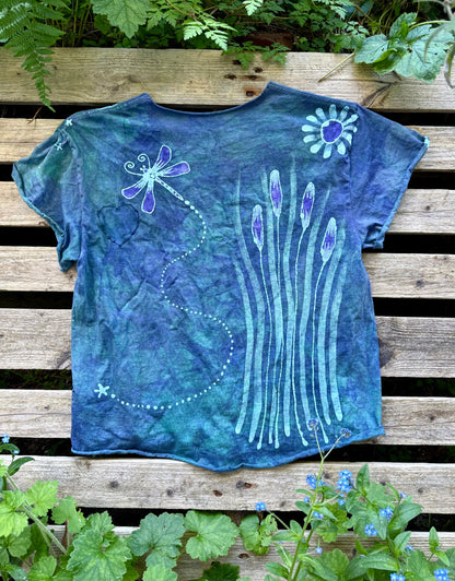 Dragonfly in Teal and Purple Cotton Cropped Crew Tee Shirts & Tops Batikwalla by Victoria 