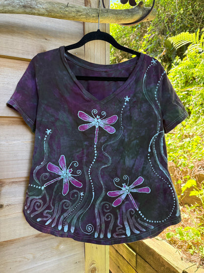 Dragonfly Dreams Batik V-Neck Tee – Purple Fiber Art Shirt Batikwalla by Victoria 
