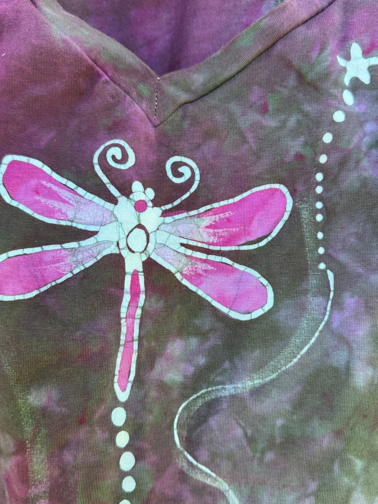 Dragonfly Dreams Batik V-Neck Tee – Purple Fiber Art Shirt Batikwalla by Victoria 