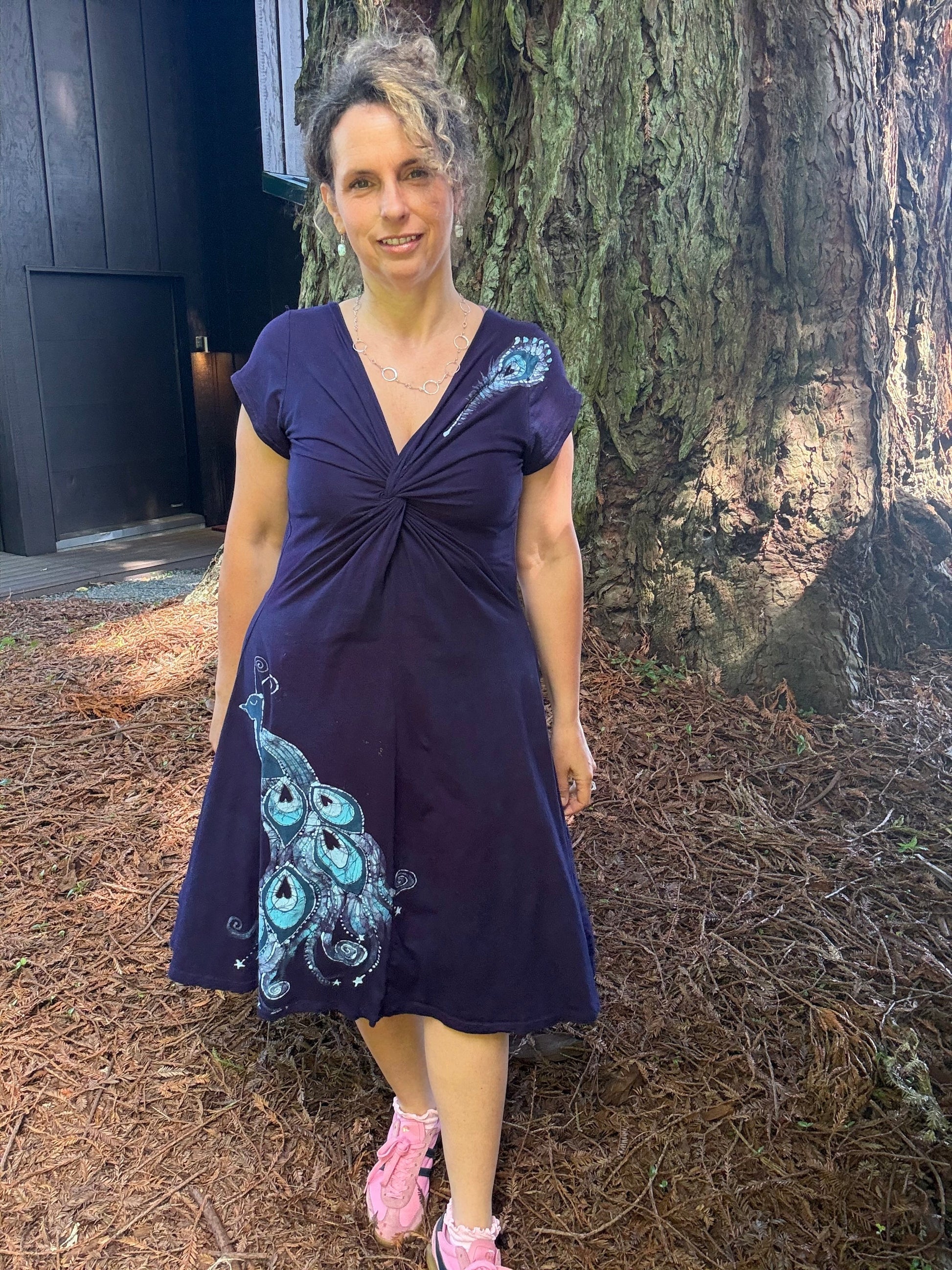 Peacock Twist Front Tee Dress in Dark Blue – Handmade Batik Artist Dress Batikwalla by Victoria Large 