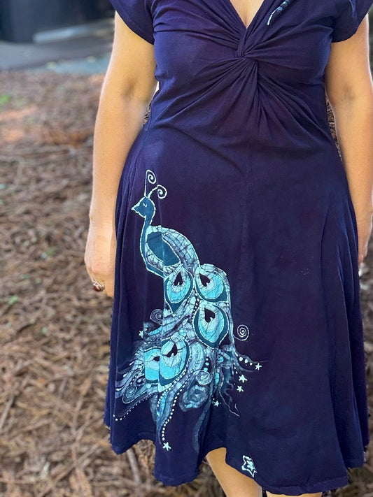 Peacock Twist Front Tee Dress in Dark Blue – Handmade Batik Artist Dress Batikwalla by Victoria 