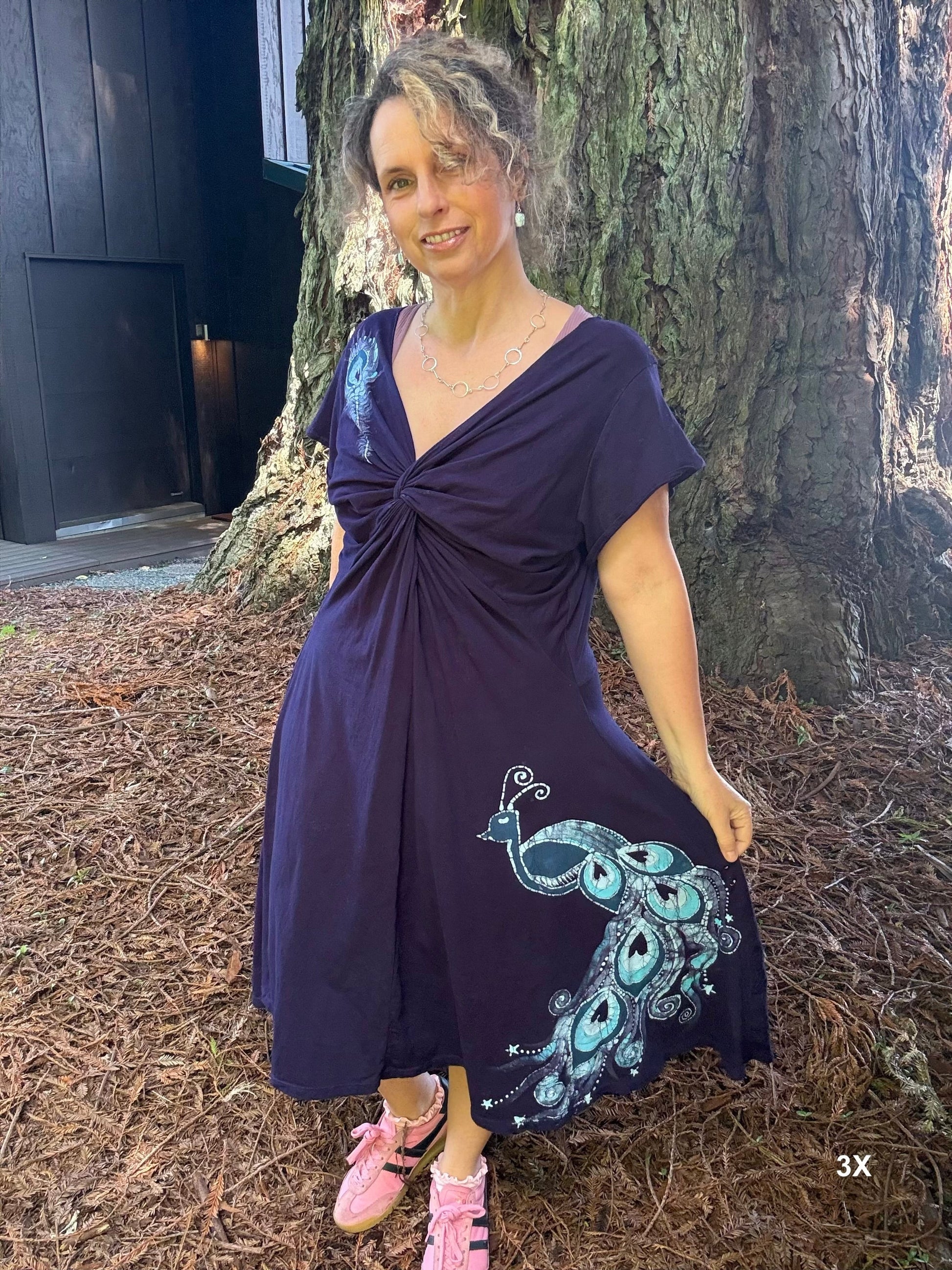 Peacock Twist Front Tee Dress in Dark Blue – Handmade Batik Artist Dress Batikwalla by Victoria 3XL 