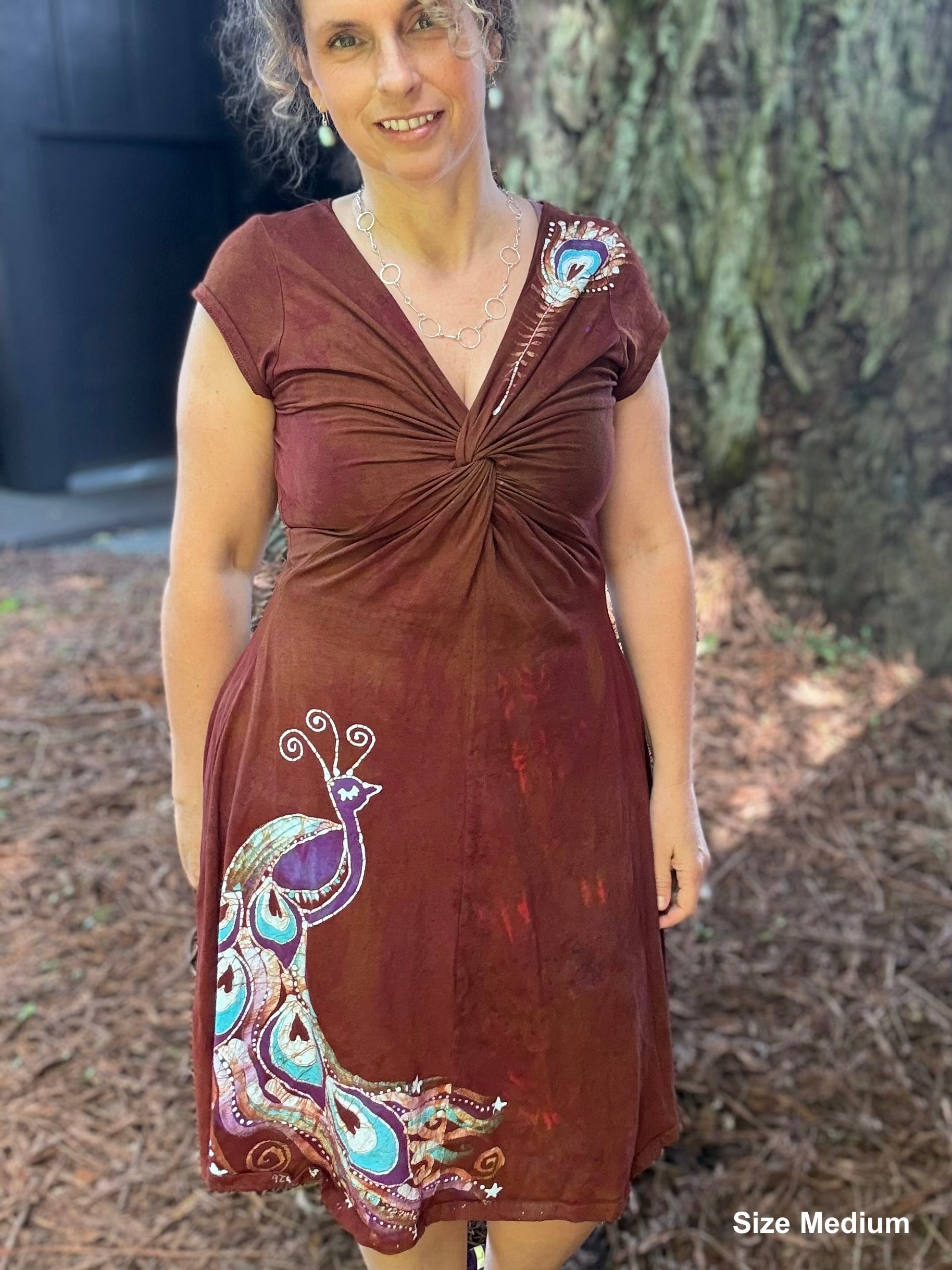 Peacock Twist Front Tee Dress in Red – Handmade Batik Artist Dress Batikwalla by Victoria Medium 