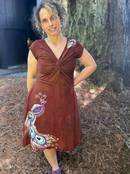 Peacock Twist Front Tee Dress in Red – Handmade Batik Artist Dress Batikwalla by Victoria Large 