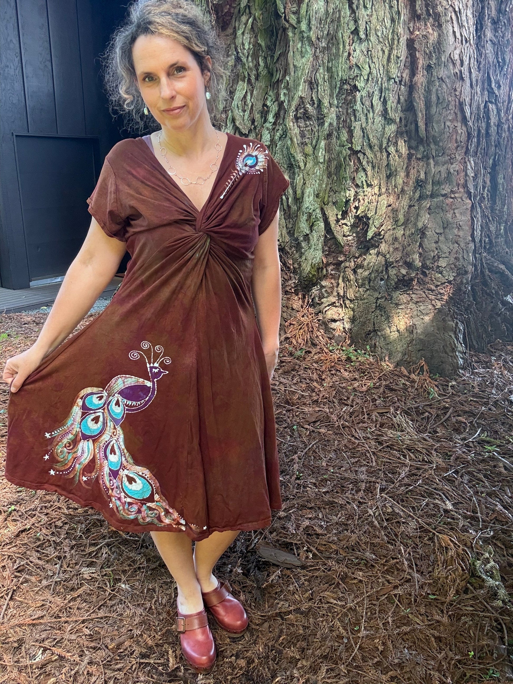Peacock Twist Front Tee Dress in Red – Handmade Batik Artist Dress Batikwalla by Victoria 2XL 