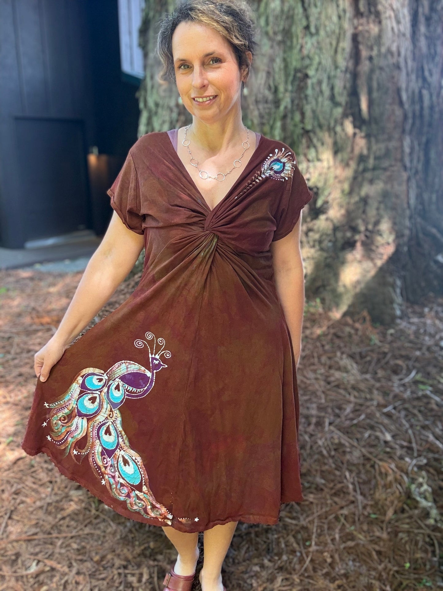 Peacock Twist Front Tee Dress in Red – Handmade Batik Artist Dress Batikwalla by Victoria 