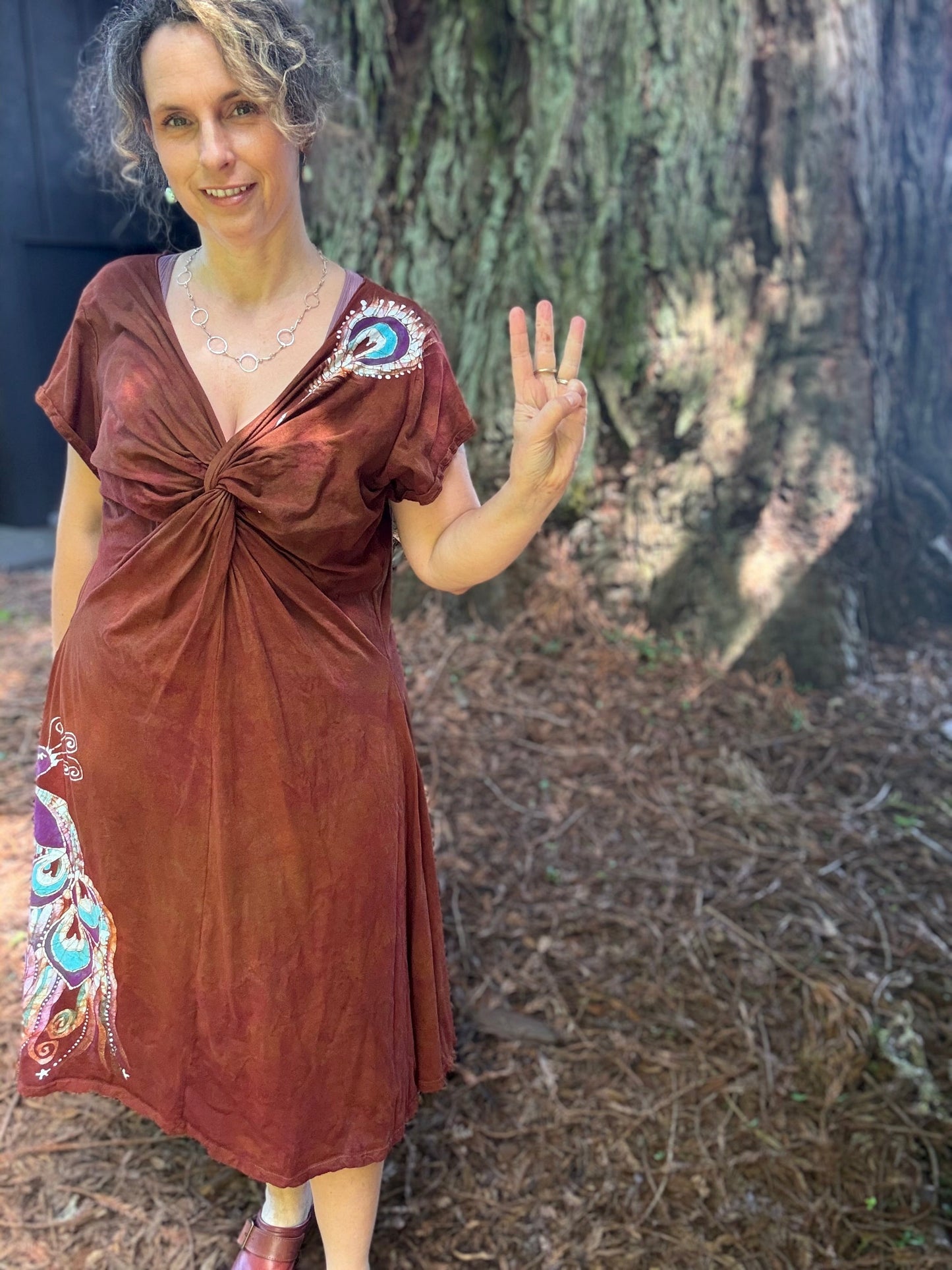 Peacock Twist Front Tee Dress in Red – Handmade Batik Artist Dress Batikwalla by Victoria 