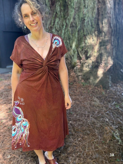 Peacock Twist Front Tee Dress in Red – Handmade Batik Artist Dress Batikwalla by Victoria 3XL 