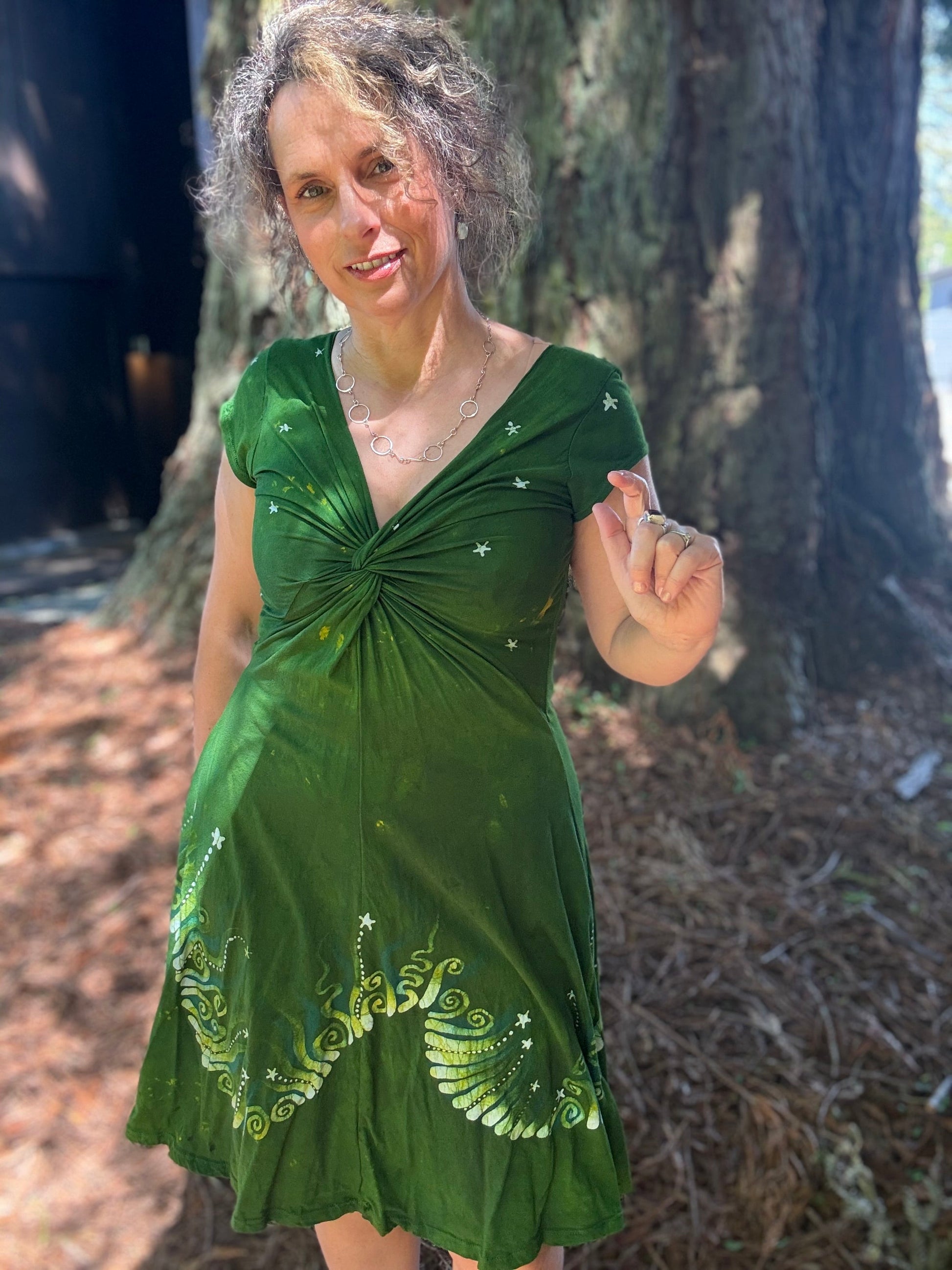 Green Meadows Twist Front Tee Dress – Handmade Batik Artist Dress Small