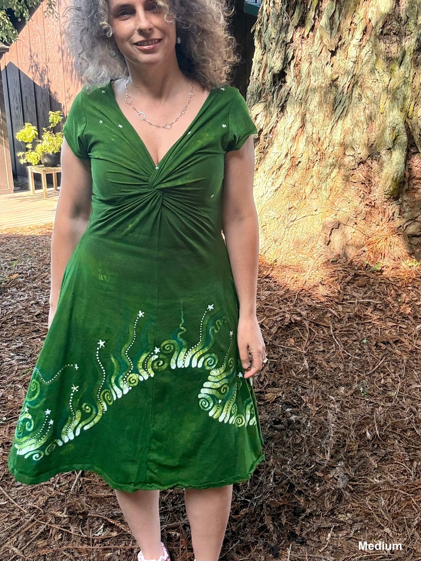 Green Meadows Twist Front Tee Dress – Handmade Batik Artist Dress Batikwalla by Victoria Medium 