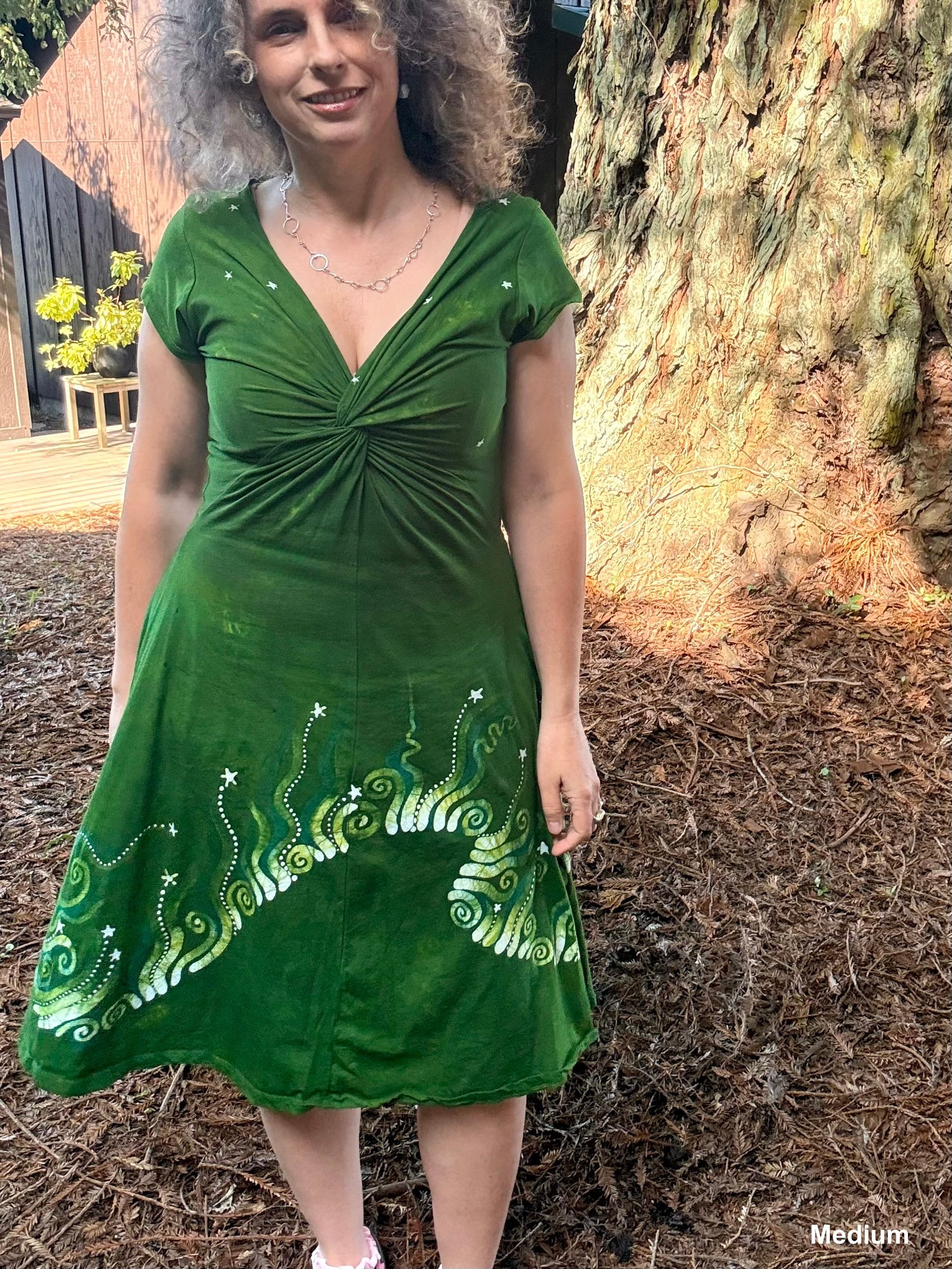 Green Meadows Twist Front Tee Dress – Handmade Batik Artist Dress Batikwalla by Victoria Medium 