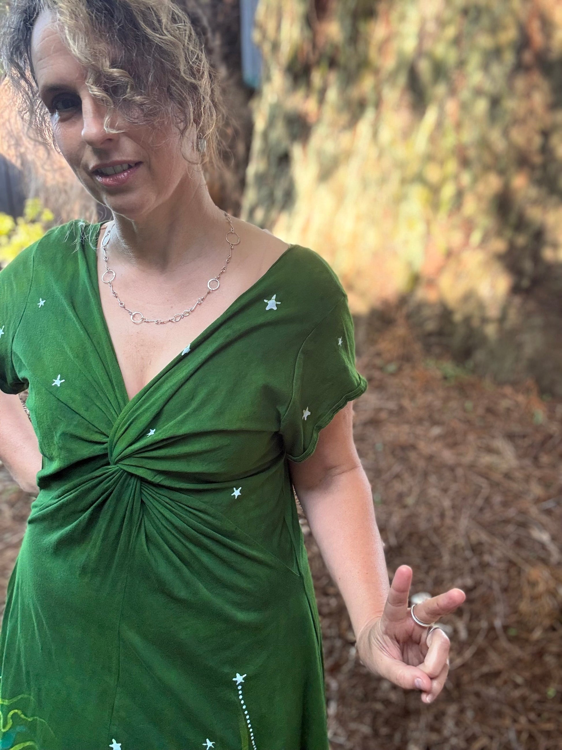 Green Meadows Twist Front Tee Dress – Handmade Batik Artist Dress Batikwalla by Victoria 